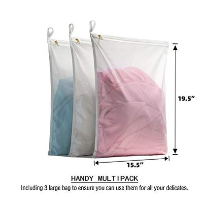 TENRAI Delicates Laundry Bags, Bra Fine Mesh Wash Bag for Underwear, Lingerie, Bra, Pantyhose, Socks, Use YKK Zipper, Have Hanger Loops, (White, 3 Large)