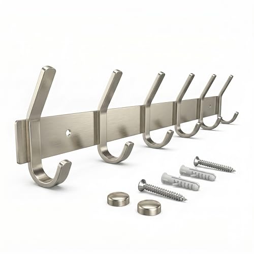 Coat Rack Wall Mount – Brushed Nickel 17 Inch Stainless Steel Hook Rail with 6 Heavy Duty Double Coat Hooks – Wall Mounted Coat Hanger for Entryway, Bathroom, Bedroom, Towel, Hat Organizer