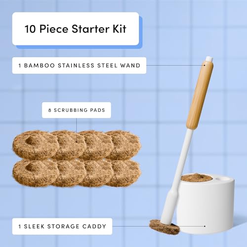 TUSHY Toilet Brush 2.0 Set with Holder, 8 Coconut Husk Scrubbing Pads | Cleanser-Infused and Disposable, Planet Friendly Refills in Lemon and Tea Tree Scents
