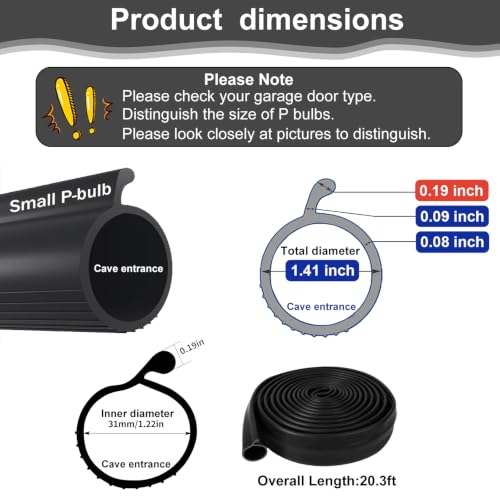 0.19" P Bulb Garage Door Seal Bottom Rubber 20.3 FT for Single Track, Black | Weather Stripping Noise Reduction Weatherproof Replacement Easy DIY Installation for Single Slot Overhead Door Overhead Door