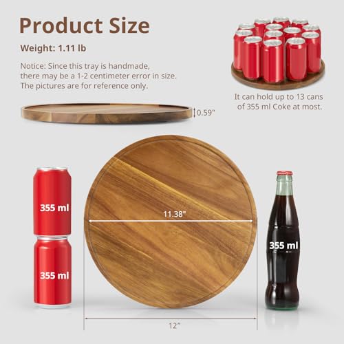 12 Inch Acacia Wood Round Tray, Wooden Decorative Bathroom Coffee Table Tray Centerpiece Candle Holder for Farmhouse Kitchen Dining Room Home Decor Coffee Table Decor and Accessories