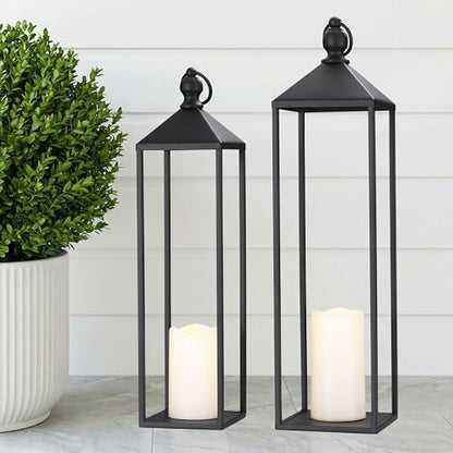Perfnique Decorative Lanterns for Indoor & Outdoor, Set of 2 Black Metal Lanterns (22" & 19") with LED Timer Flameless Candles, Farmhouse Modern Decor for Front Porch, Patio, Mantle