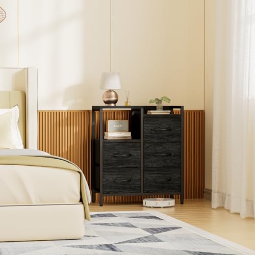 Black Dresser for Bedroom, 5 Drawer Small Fabric Closet Dresser | Small Chest of Drawers, Storage Cabinet Organizer with 2 Tier Shelf, Drawer Units with Metal Frame, Dresser for Dorm, Hallway