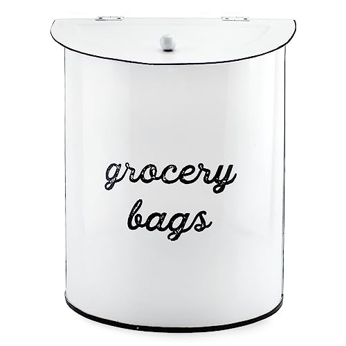 AuldHome Design Rustic Grocery Bag Holder; Wall-Mounted Vintage Enamelware Farmhouse Style Plastic Bag Dispenser for Kitchen or Laundry Room