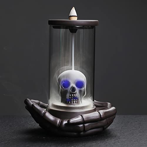 Skull Incense Burner Holder - Backflow Waterfall , LED Ceramic Unique Skeleton Incense Burner with 15 Incense Cones for Halloween/Aromatherapy/Yoga/Home/Room/Office Deco