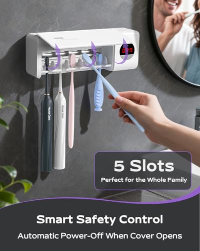 Toothbrush Holder for Bathroom Wall Mounted, Rechargeable - White | EPA Certified; 300s Smart Timer; 2000mAh Battery; LCD Working Display; Holds 5 Toothbrushes; Easy Wall Mount