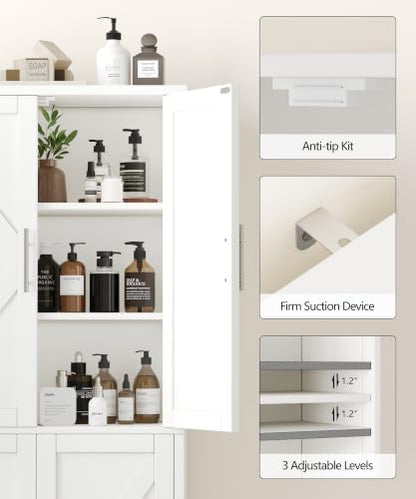 63''H Tall Bathroom Storage Cabinet Adjustable Shelf White | Floor Cabinet with Barn Doors, Adjustable Shelf, Linen Pantry Cabinet for Kitchen, Laundry Room, Living Room, Entryway