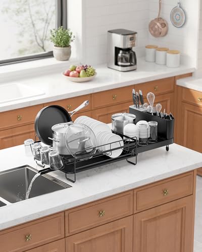 Kitsure Extendable Dish Drying Rack, 19.2"-26.7" L x 12.9" W, Black | Large Dish Rack, Multifunctional Dish Rack for Kitchen Counter, Anti-Rust Dish Drainers with Cutlery & Cup Holders