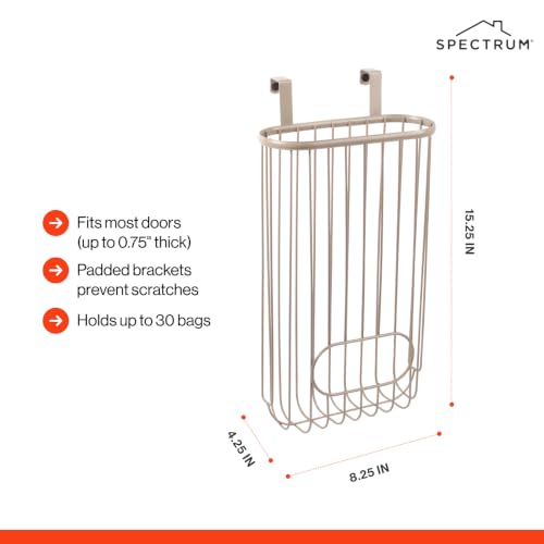 Spectrum Ashley Over The Cabinet Plastic Bag Holder (Satin Nickel Powder Coat) - Grocery & Recycling Bag Dispenser for Kitchen, Bathroom, Under Sink, Home, & Apartment Organization
