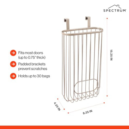Spectrum Ashley Over The Cabinet Plastic Bag Holder (Satin Nickel Powder Coat) - Grocery & Recycling Bag Dispenser for Kitchen, Bathroom, Under Sink, Home, & Apartment Organization
