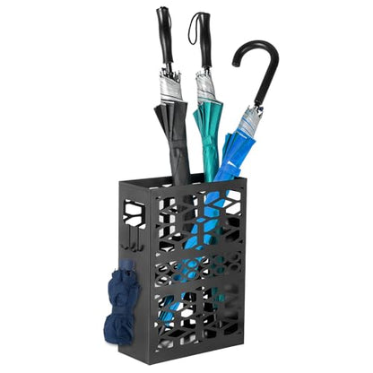 Rectangle Metal Umbrella Stand with 2 Hooks, Entryway Umbrella Holder & Walking Cane Storage, Umbrella Organizer Freestanding for Home, Office, Hotel, Black