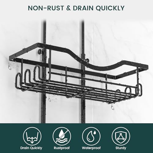 Adjustable Shower Caddy Hanging Rustproof Shower Organizer, Black | Extra Long, No Drilling, Anti-Slip, Shower Caddy Over Showerhead, Fast Draining, Soap Holder, 12 Hooks, Bathroom Accessories