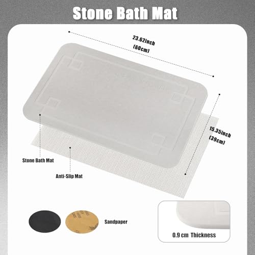 Stone Bath Mat, Super Absorbent Diatomaceous Earth Shower Mat, Non-Slip Fast-Drying Bathroom Floor Mats, 23.6'' × 15.4", Greyish White, 2 Pack