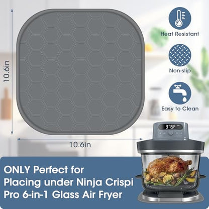 Heat Resistant Mat for Ninja Crispi Pro 6-in-1 Glass Air Fryer, Anti-slip Countertop Protector Silicone Mat Compatible with Ninja Crispi Pro Base, Dishwasher Safe, Grey