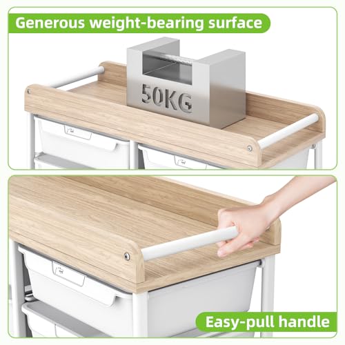 10 Drawers Rolling Cart with Wooden Tabletop, Util... (Pure White)
