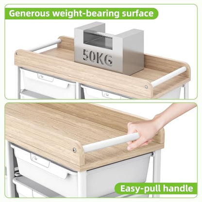 10 Drawers Rolling Cart with Wooden Tabletop, Util... (Pure White)