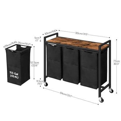 HOOBRO Laundry Sorter 3 Section, Laundry Hamper with Wheels, 3 × 11.5 Gal (43.5 L), Rolling Laundry Basket, Pull-Out and Removable Oxford Fabric Laundry Bags, Rustic Brown and Black BF76XY01