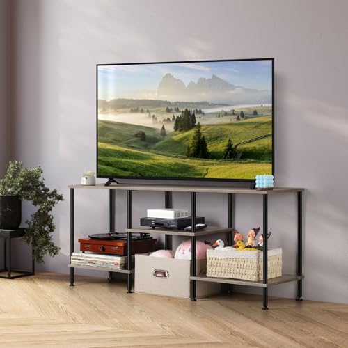BTY TV Stand for Living Room Modern TV Console with Storage 50 Inch Small Wood Entertainment Stand with Open Storage Shelves for Bedroom, Small Space, Grey