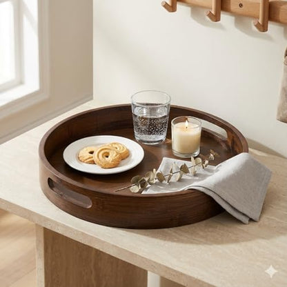 Round Trays Home Decor, 11.8" Large Round Wood Tray for Ottoman Coffee Table Trays, Wooden Kitchen Serving Decorative Trays for Home Office Counter Serveware Organizer, Walnut