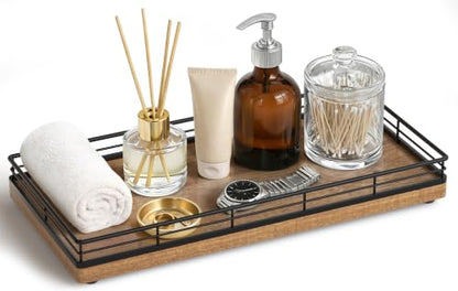 Bathroom Vanity Tray for Countertop, 12" x 6" Acacia Wood Toilet Tank Tray | Metal Guardrail, Bathroom Organizer for Soap, Perfume & Skincare, Non-Slip Decorative Tray for Dresser, Black & Acacia