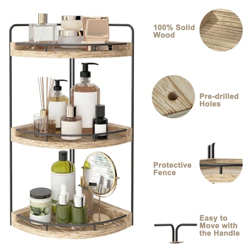 Fixwal 3 Tier Corner Bathroom Countertop Organizer Vanity Shelf Light Brown | Corner Organizer, Rustic Wood Finish, Countertop Storage for Bathroom Essentials, No Install, Compact, Space Saving