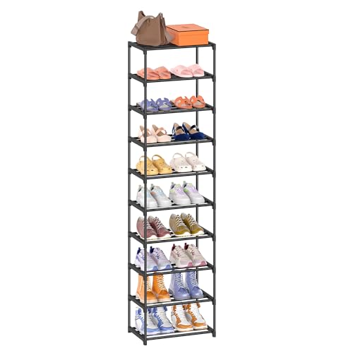 Autonomier 10 Tier Tall Shoe Rack (16.3" Wide), Narrow Lightweight Shelf | Compact Vertical Shoe Stand, Small Space Saving for Closet Floor, Dorm Storage Organizer, Front Door Entrance, Entryway