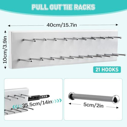 Pull Out Tie Rack for Closet, Wood Sliding Belt Rack with 21 Tie Hanger | Side Mounted Slide Out Tie Rack Belt Hanger Rail Organizer Storage Scarf Holder for Ties Scarves Belts Shawls, White