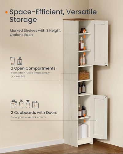 SONGMICS HOME 67-Inch Tall Bathroom Storage Cabinet, Snapsemble Superfast Assembly, 11.8-Inch Wide Slim Narrow Freestanding Cabinet with Adjustable Shelves, Kitchen Living Room, Rustic White