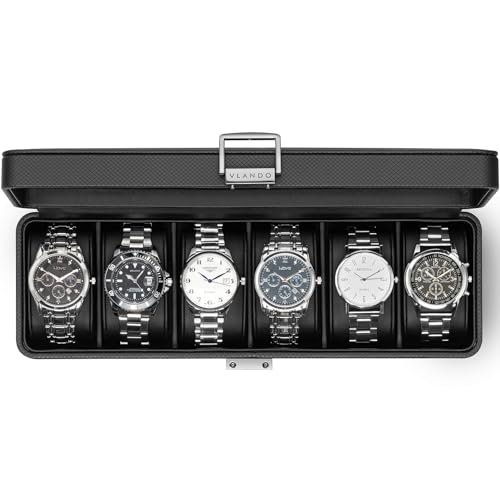 VLANDO Watch Case for Men,6-Slot Lockable Watch Box for Men with Glass Lid