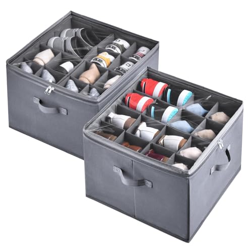 2 Pack Shoe Organizer for Closet,Fits up to 32 Pairs,Adjustable Dividers for Shoe Storage,Fabric Shoe Storage Bins with Clear Cover,Grey