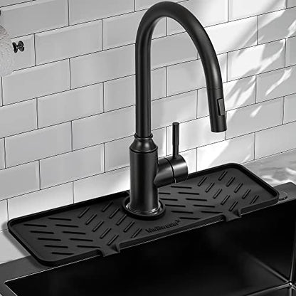 Silicone Faucet Mat for Kitchen Sink – Gen 2 Splash Guard with Upgraded Outlet & Slope – 18” x 5.1” Water Catcher & Sink Sponge Holder for Kitchen and Bathroom (Black)