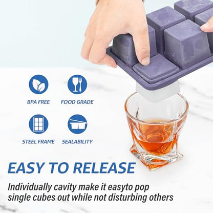 Large Silicone Ice Cube Trays with Lids, 2 Pack, Makes 2-Inch Cubes | Food-Grade Silicone, Steel-Reinforced Rims, Easy-Release, Stackable for Whiskey, Cocktails, Juice, Soup & Meal Prep