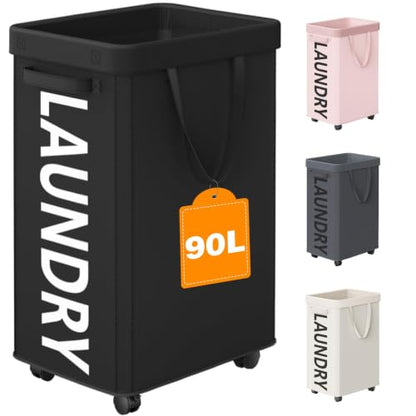 Optish Laundry Basket with Wheels, 90L Rolling Laundry Hamper with Wheels, Large Clothes Hamper on Wheel with Removable Mesh Bag for Bedroom, Dorm Room Essentials, Black