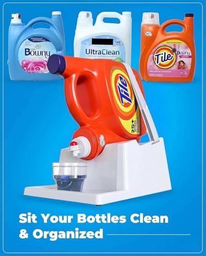 Liquid Laundry Detergent Holder Stand with Drip Tray - 1 Pack - White | Easy Pouring, Rubber Feet, Secure Strap, Angled Stand, Fabric Softener Dispenser for Laundry Room Organization & Storage