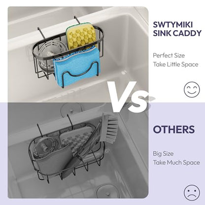 Sponge Holder for Kitchen Sink - Movable Kitchen Sink Caddy with M Shape Hook, Stainless Steel Hanging Sponges Caddy Organizer in Double Bowl Sinks Depth>3.15in, Middle Divider<1.5in, Black