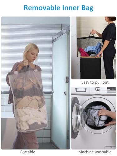 efluky Laundry Basket with Wheels, Tall Rolling Laundry Hamper with Lid and Removable Bag, Aesthetic Dirty Clothes Hamper on Wheels for Laundry Room, Bedroom, Dorm and Bathroom, 100L Black