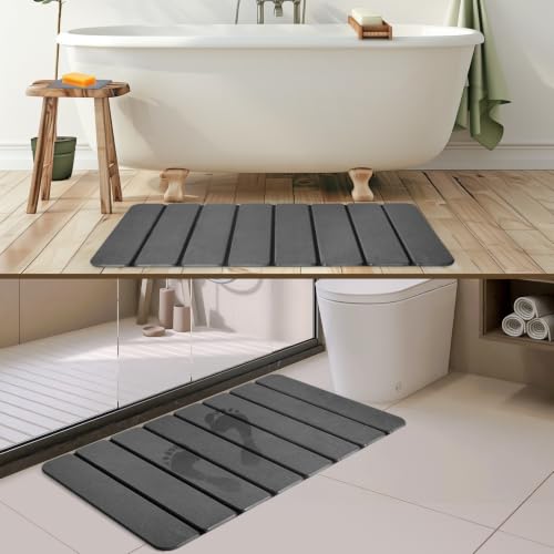 Large Foldable Stone Bath Mat, 2 Pcs Super Absorbent Diatomaceous Earth Mat with Non-Slip Base, Quick Drying Floor Mat for Bathroom Kitchen Counter (28" x 16", Grey)
