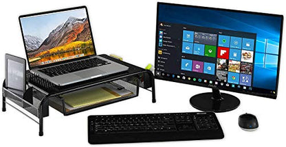 Simple Houseware Metal Desk Monitor Stand Riser w/ Organizer Drawer, Black | Side Storage for Office Supplies