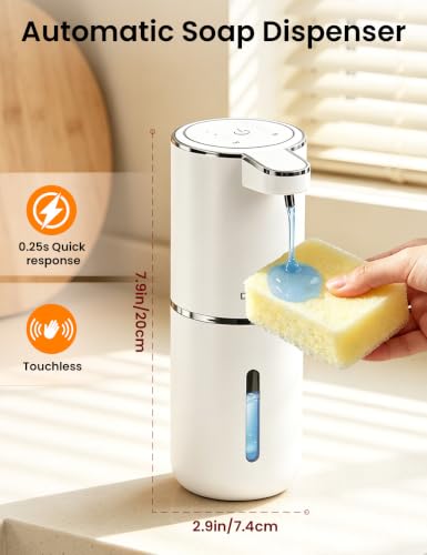 Automatic Soap Dispenser Touchless, USB Rechargeable Hand Soap Dispenser, 4 Adjustable Soap Levels, IPX5 Waterproof, 12.8oz/380ml, Countertop or Wall Mounted for Bathroom and Kitchen, White