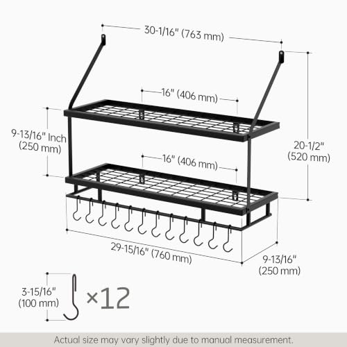 KES 30-Inch Kitchen Pot Rack - Mounted Hanging Rack for Kitchen Storage and Organization - Matte Black 2-Tier Wall Shelf with Guard Rail for Pots and Pans Organizer with 12 Hooks - KUR215S75B-BK