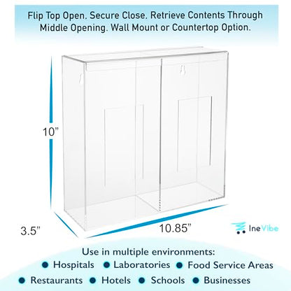 IneVibe 2 Compartment Hygiene Holder with Lid for Home or Office (Double) | Double Acrylic Dispenser For Hairnets, Glove Boxes, Face Masks, Plastic Bags, Tissue Boxes, Medical- Countertop or Wall Mount