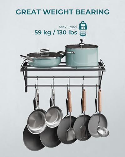 OROPY 23" Pot Rack Wall Mounted, Pot Organizer with 2 Tier Hanging Rails | Heavy Duty Pot and Pan Organizer with Storage Shelf & 12 S Hooks, Space Saving Hanging Pot Rack