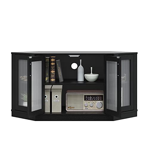 Panana Corner TV Stand - 47 Inch Media Console with 4 Doors and Shelves, Living Room Storage Entertainment Center for TVs up to 51 Inch (Black)