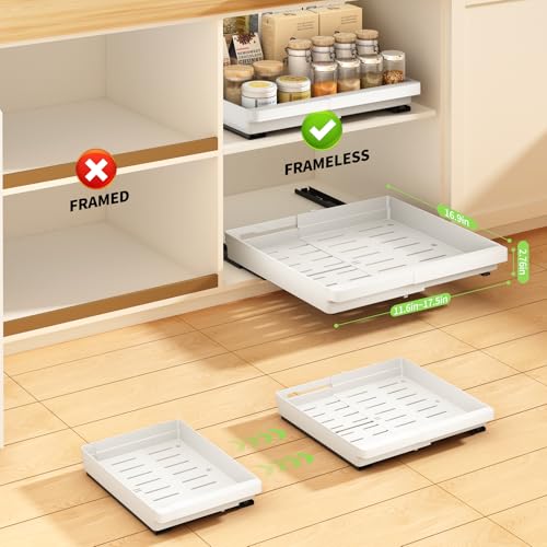 DOMNIU Pull Out Cabinet Organizers Expandable,White,16.9"Depth,2 Pack | Plastic Slide Out Drawers for Kitchen, Bathroom, Pantry, Under Sink Storage, Fixed with Adhesive Nano Film (11.6''-17.5'')