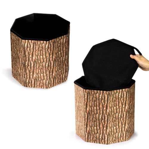Lawei 3 Pack Tree Stump Storage Stools, 12 x 12 Inches Folding Stool Ottoman with Foam Cushion, Collapsible Storages Seat Chest, Vintage Storage Toy Box Wood Stump Organizer Stools for Toy