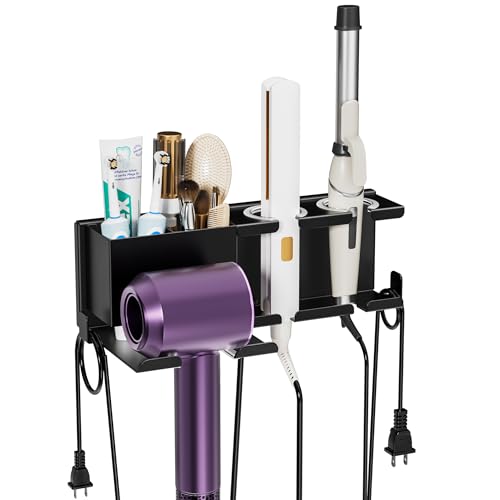 BOIVSHI Hair Dryer Holder, Wall Mounted, Black | Adhesive & Screw Mounting Hair Tools Organizer, Blow Dryer Holder for Dyson Dryer, Curling Iron, Straightener