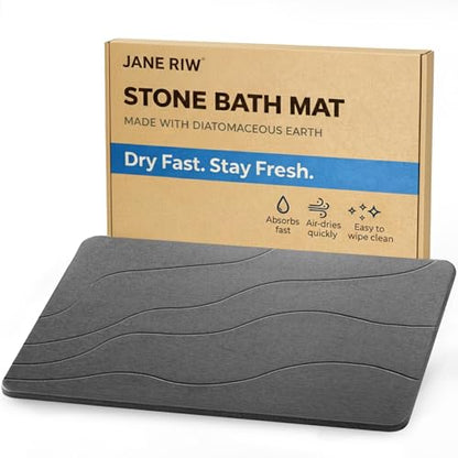 Stone Bath Mat, Quick-Dry Diatomaceous Earth Shower Mat, Absorbent Bathroom Mat for Shower/Tub Exit, New Apartment Essential & Housewarming Gift, 23.5" x 15.5" Dark Gray Wave