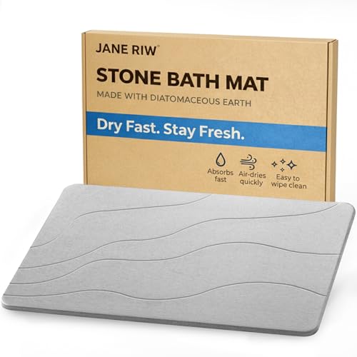 Stone Bath Mat, Quick-Dry Diatomaceous Earth Shower Mat, Absorbent Bathroom Mat for Shower/Tub Exit, New Apartment Essential & Housewarming Gift, 23.5" x 15.5" Light Gray Wave
