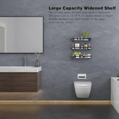 Bathroom Wall Shelf 15.7in Bathroom Glass Shelves Wall Mount Glass Shelf Rustproof Bathroom Wall Organizer 3 Tier (Black)
