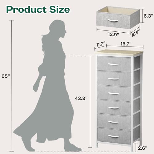 Huuger Tall Dresser for Bedroom, Stable 6 Drawer Dresser with Anti-Tip Device, PU Leather & Fabric Drawers, Tall Nightstand for Closet, Nursery, Storage Tower for College Dorm High Beds, Grey